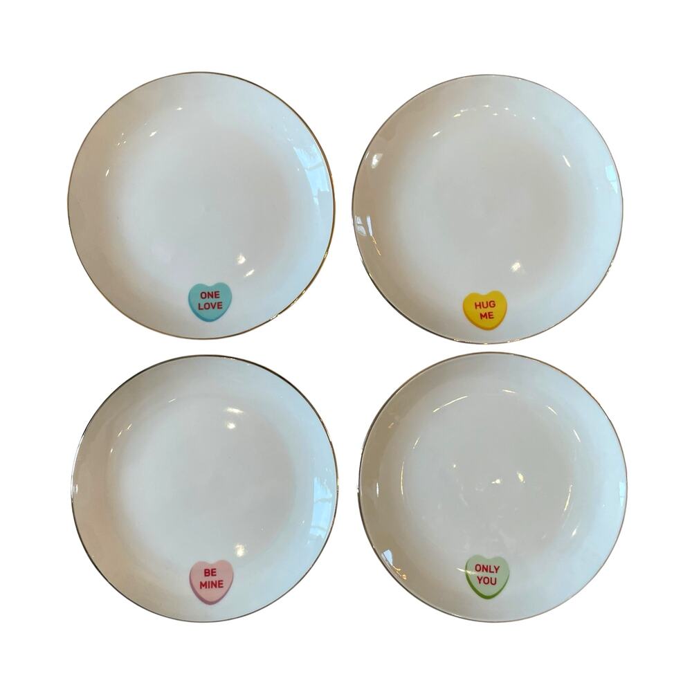 Medici Valentine Conversation Heart Appetizer Plates 6in Ceramic Set of 4 NEW